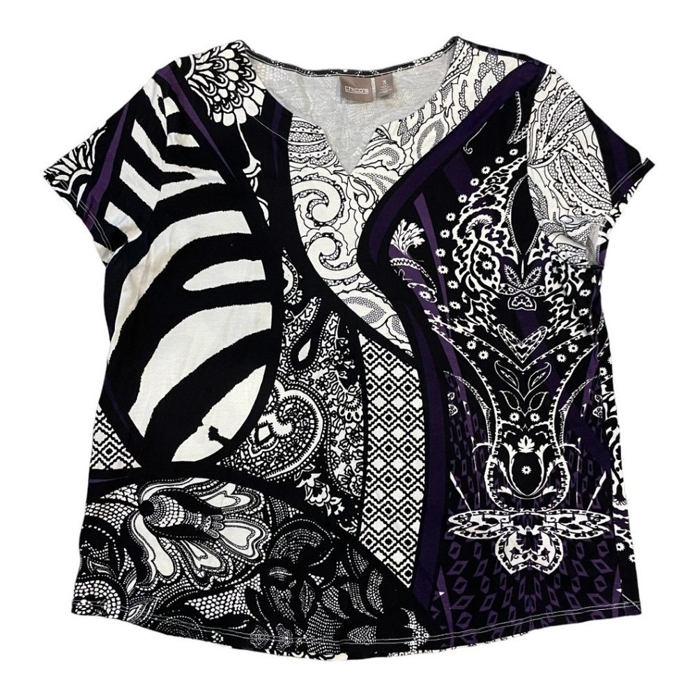 Chico's Purple and Black Short Sleeve Tee Shirt with Notch Neck - Size 3, XL, 16